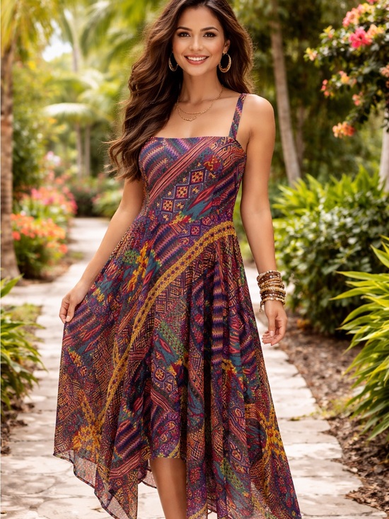 Signature by Robbie Bee Dresses & Skirts - Signature by Robbie Bee Vibrant Geometric Patchwork Asymmetrical Midi Dress 14